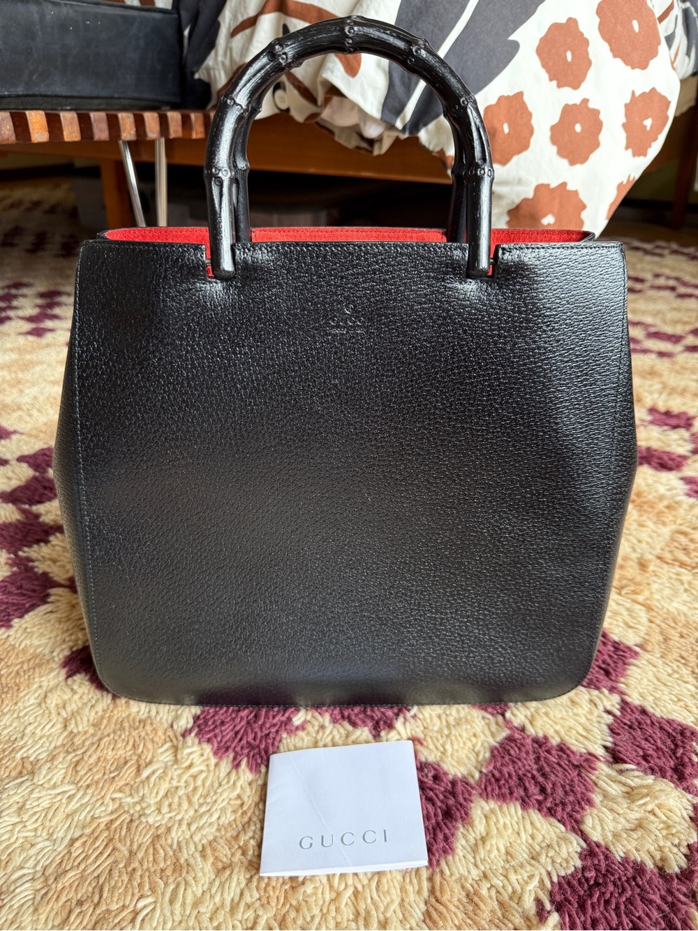 Vintage Gucci Black Leather Bamboo Tote Bag